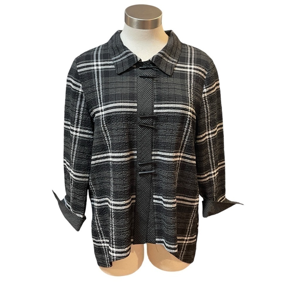 Habitat Top Boxy Button Up Black White Plaid Art Wear Lagenlook Sz. M